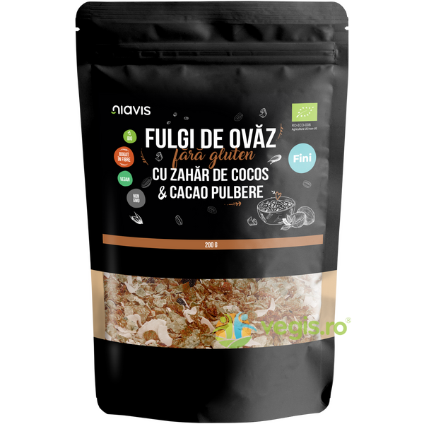 Fulgi de Ovaz Fini fara Gluten cu Zahar de Cocos si Cacao Ecologici/Bio 200g, NIAVIS, Fulgi, Musli, 1, Vegis.ro