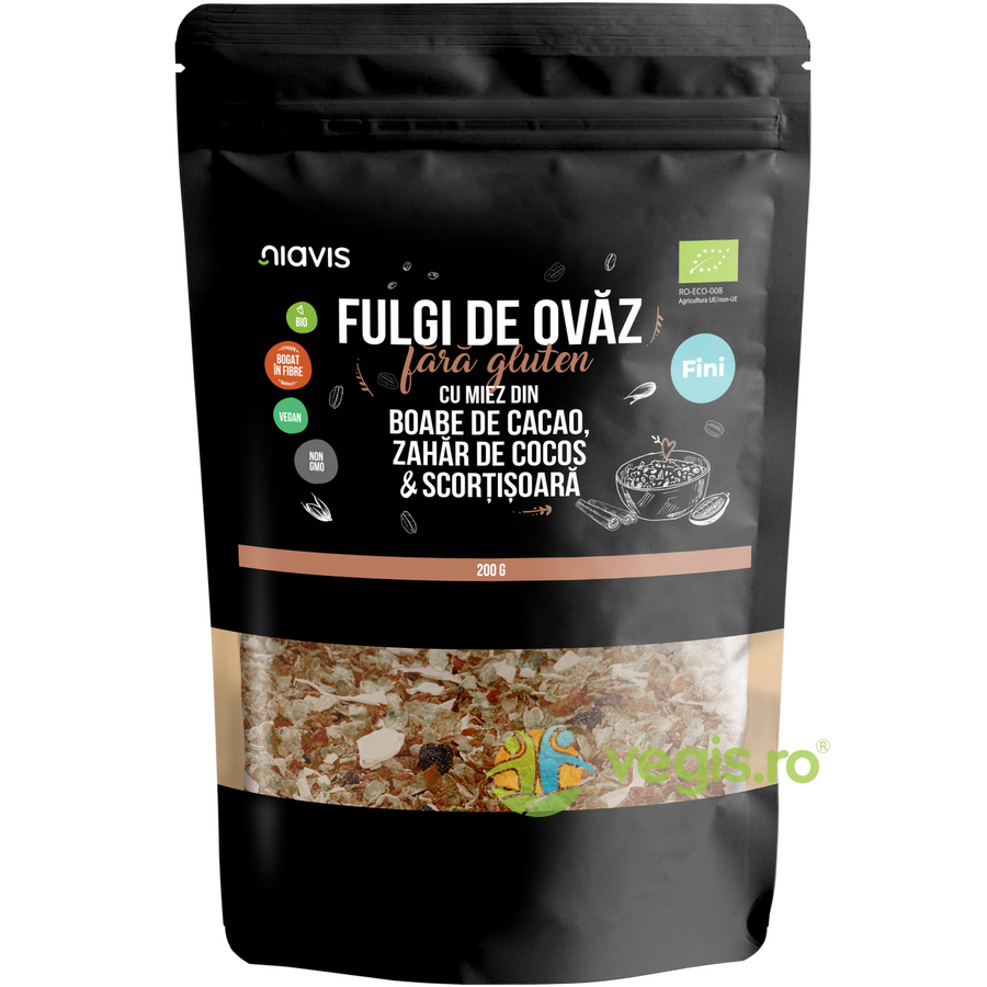 Fulgi de Ovaz Fini fara Gluten cu Miez din Boabe de Cacao, Zahar de Cocos si Scortisoara Ecologici/Bio 200g