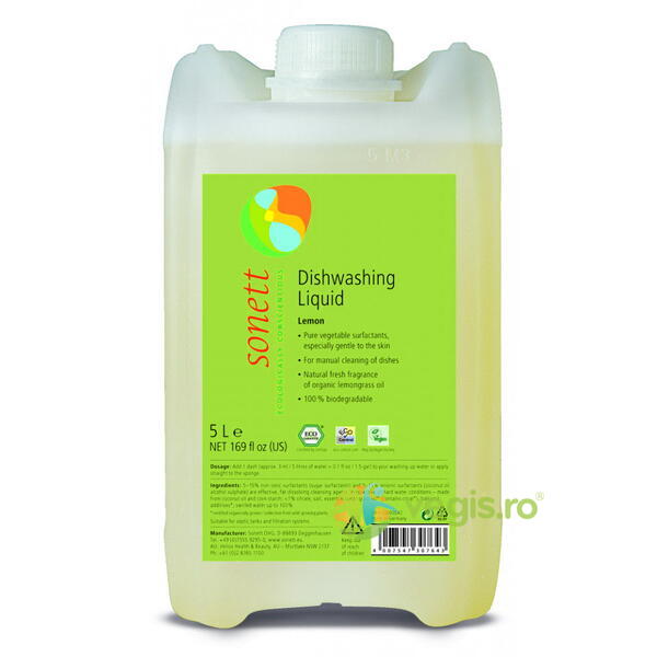 Detergent Lichid pentru Spalat Vase cu Lamaie Ecologic/Bio 5L, SONETT, Detergent Vase, 1, Vegis.ro