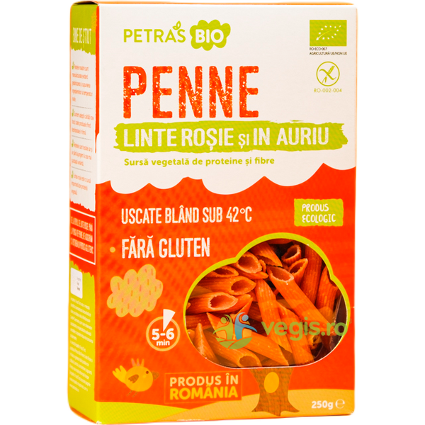 Penne cu Linte Rosie si In Auriu Ecologice/Bio 250g, PETRAS BIO, Paste, 1, Vegis.ro