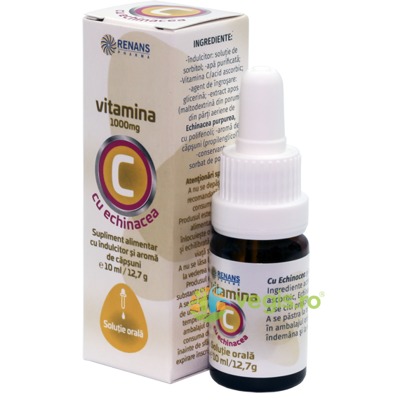 Vitamina C 1000mg + Echinacea Solutie Orala cu Aroma de Capsuni 10ml, RENANS PHARMA, Vitamina C, 1, Vegis.ro