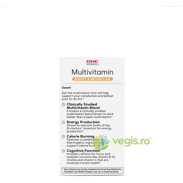 Complex de Multivitamine pentru Femei Women's Multivitamin Energy & Metabolism 90tb, GNC, Capsule, Comprimate, 8, Vegis.ro