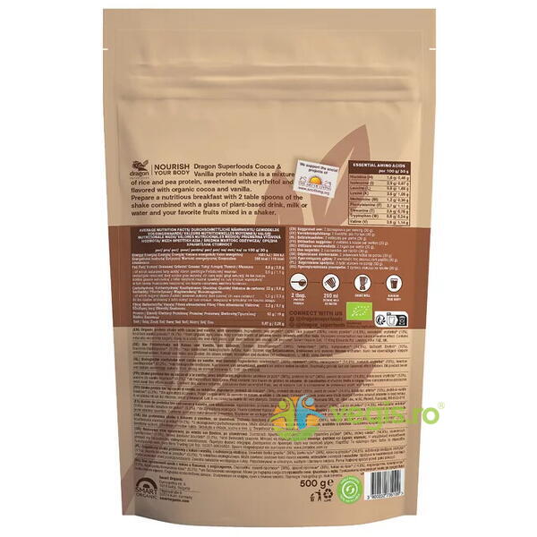 Shake Proteic 62% Proteine cu Vanilie si Cacao Ecologic/Bio 500g, DRAGON SUPERFOODS, Pulberi & Pudre, 2, Vegis.ro