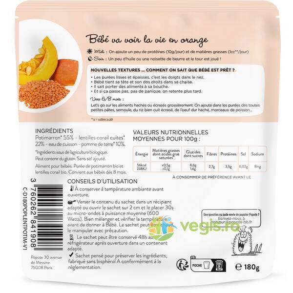 Mancare cu 55% Dovleac si Linte Rosie +8 Luni Ecologica/Bio 180g, POPOTE, Alimente Naturale Copii, 2, Vegis.ro