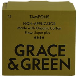 GRACE AND GREEN, Tampoane fara Aplicator din Bumbac Organic Super Plus 15buc, Vegis.ro